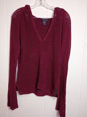 VTG Abercrombie & Fitch Burgandy Open Weave Crochet Sweater VNeck Flare Sleeve L